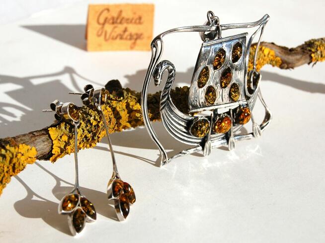 Łódź Wikingów drakkar wisior i kolczyki srebro 925 bursztyn