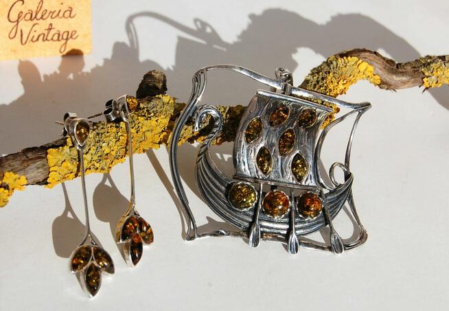 Łódź Wikingów drakkar wisior i kolczyki srebro 925 bursztyn