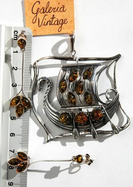 Łódź Wikingów drakkar wisior i kolczyki srebro 925 bursztyn