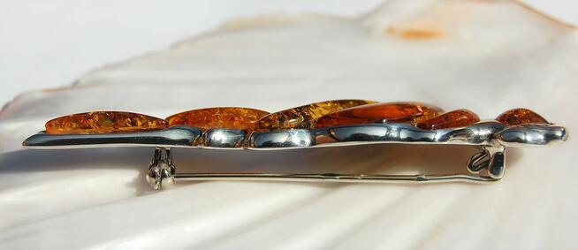 Broszka witrażowa, papuga, bursztyn bałtycki, srebro pr. 925