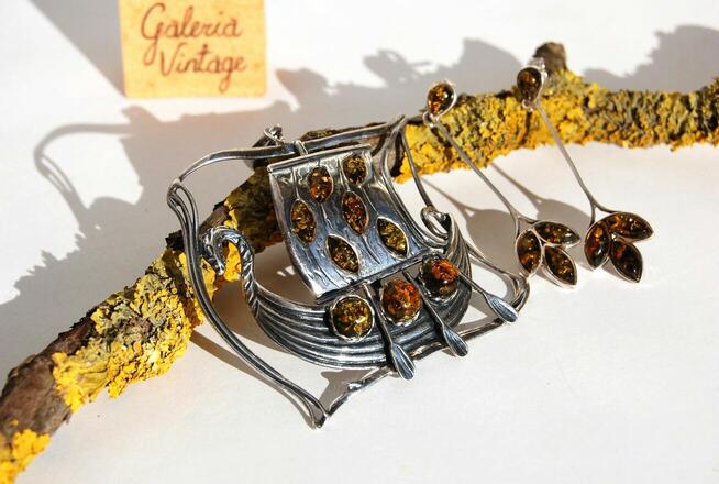 Łódź Wikingów drakkar wisior i kolczyki srebro 925 bursztyn