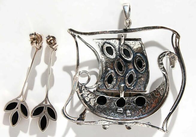 Łódź Wikingów drakkar wisior i kolczyki srebro 925 bursztyn