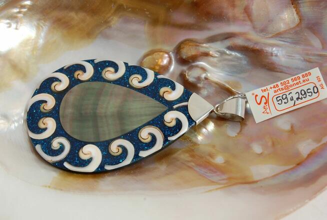 Wisior kropla masa perłowa muszla żywica srebro 925