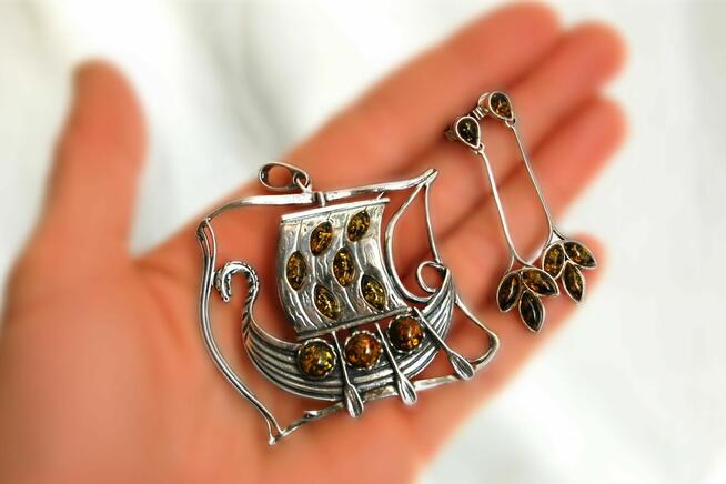 Łódź Wikingów drakkar wisior i kolczyki srebro 925 bursztyn