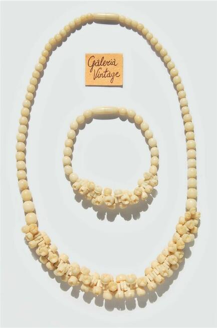 Naszyjnik i bransoletka z kości, rzeźbiona kość, vintage