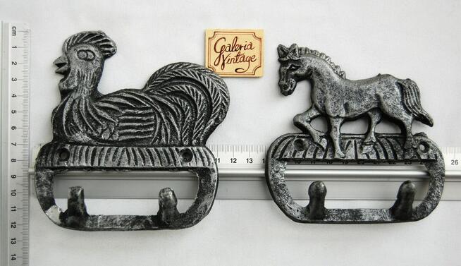 Wieszak żeliwny rustykalny, wiejski styl, ptak, kogut, koń