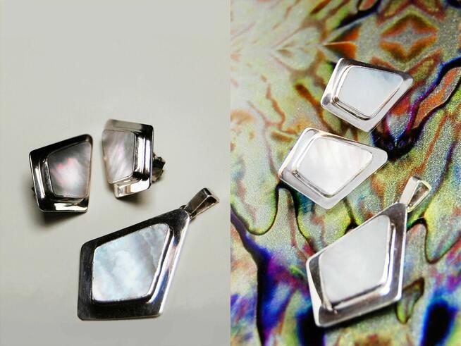 Komplet biżuterii klipsy wisior romb masa perłowa srebro 925