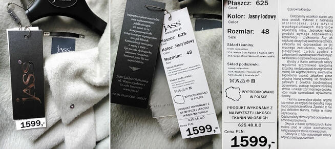 JASS płaszcz 625 jasny lodowy 48 suri alpaka wełna