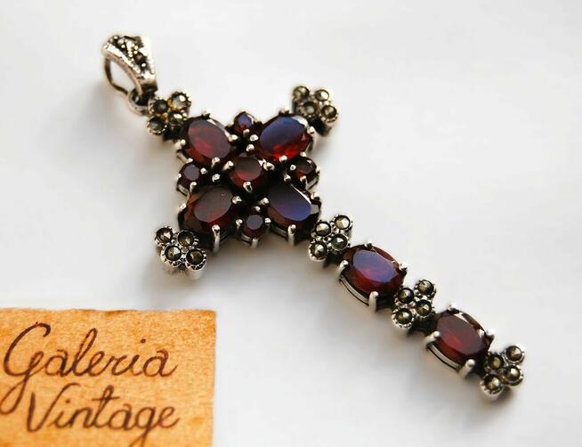 Krzyż, granaty, piryty, srebro pr. 925 wisior vintage