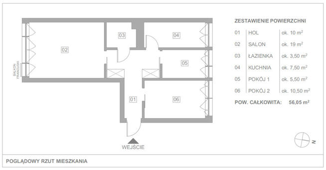 3 pokoje | 56,05 m² | Śródmieście Szczecina