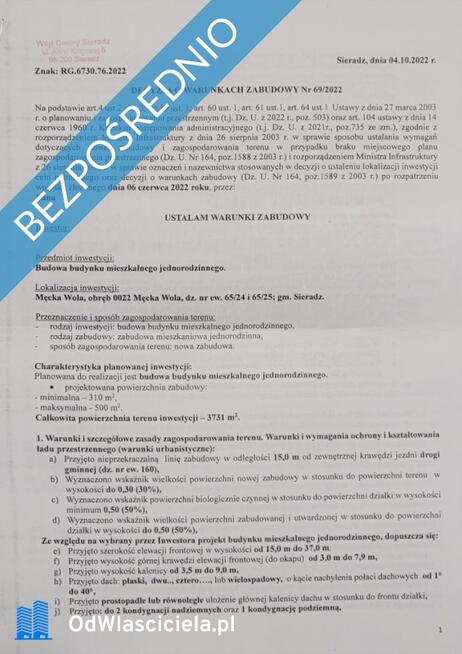 Działka budowlana 1865mkw Sieradz-Męcka Wola (BEZPOŚREDNIO)