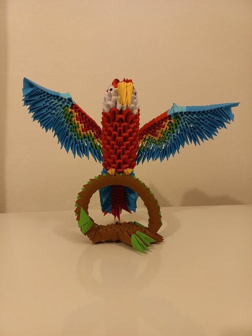 Kolorowa PAPUGA na gałęzi ptak - rękodzieło origami