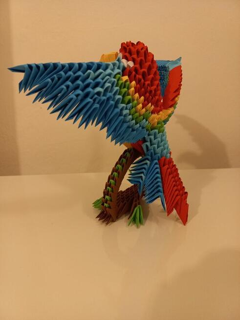 Kolorowa PAPUGA na gałęzi ptak - rękodzieło origami