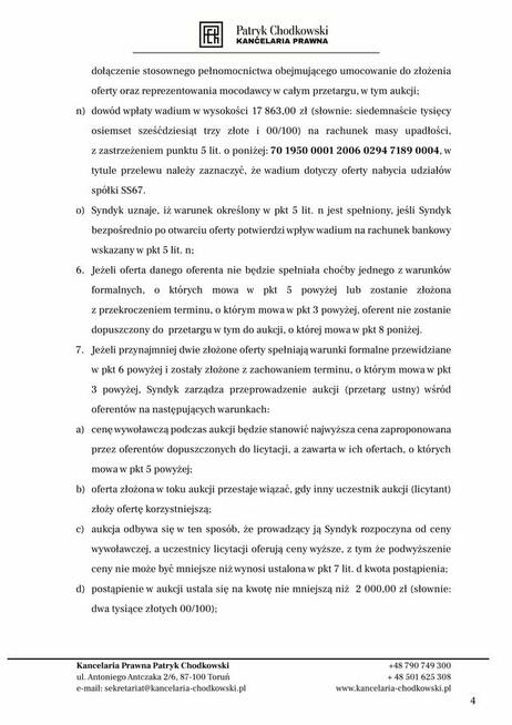 Syndyk sprzeda udziały w spółce SS67