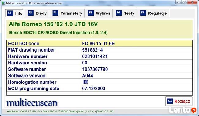 Interfejs MultiECUScan Fiat,Alfa-Romeo,Lancia | 1996->2007