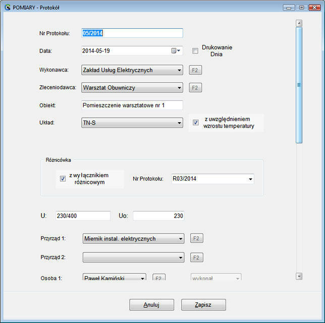 Program do tworzenia protokołów z pomiarów elektrycznych.