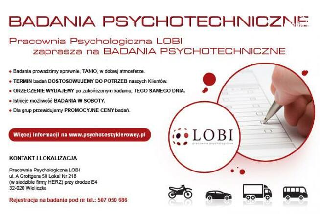 Badania psychologiczne kierowców WIELICZKA Kom: 507050686