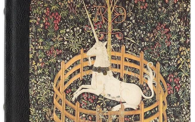 Stara księga gobelin z jednorożcem notatnik, pamiętnik
