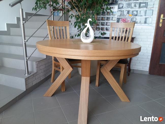 Stół dębowy okrągły LOFT-1, krzesła, dębowe, tapicerowane.