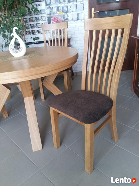 Stół dębowy okrągły LOFT-1, krzesła, dębowe, tapicerowane.
