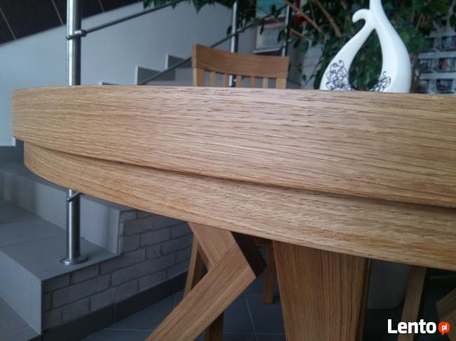 Stół dębowy okrągły LOFT-1, krzesła, dębowe, tapicerowane.