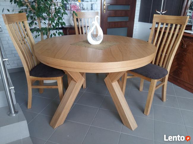 Stół dębowy okrągły LOFT-1, krzesła, dębowe, tapicerowane.