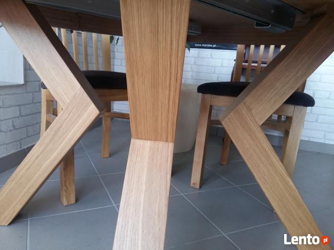 Stół dębowy okrągły LOFT-1, krzesła, dębowe, tapicerowane.