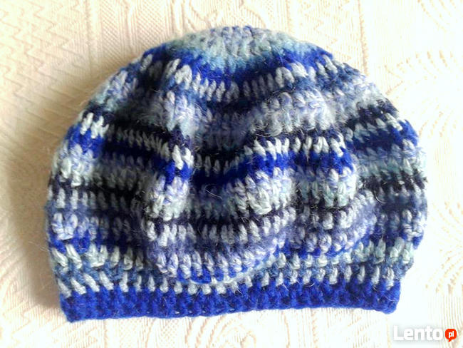 Ciepły, moherowy beret w paski- Jesienne niebo