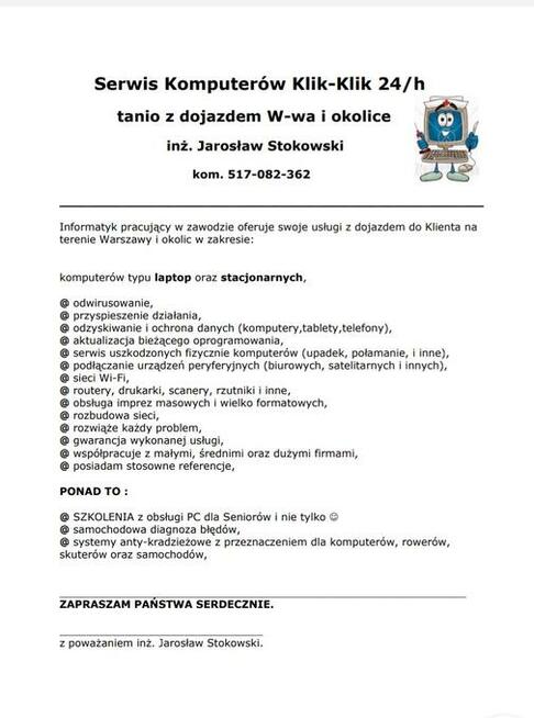 serwis komputerowy KLik-KLik 24h tanio z dojazdem W-wa i oko