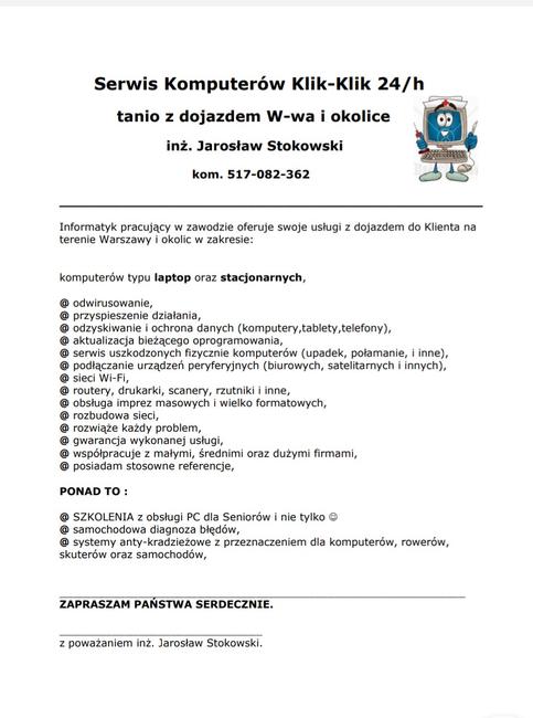 serwis komputerowy KLik-KLik 24h tanio z dojazdem W-wa i oko