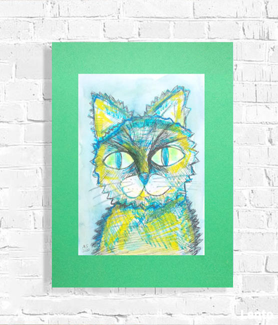 zielony rysunek z kotem, kotek obraz 30x40 cm