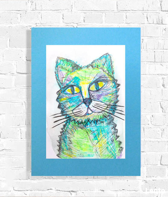 kot grafika na scianę, kot obraz malowany ręcznie