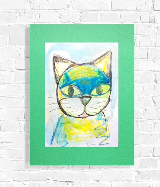 zielony rysunek pokój dziecięcy, kot obraz malowany ręcznie