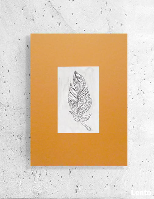 boho obrazek, piórko rysunek 21x30, ruda grafika a4