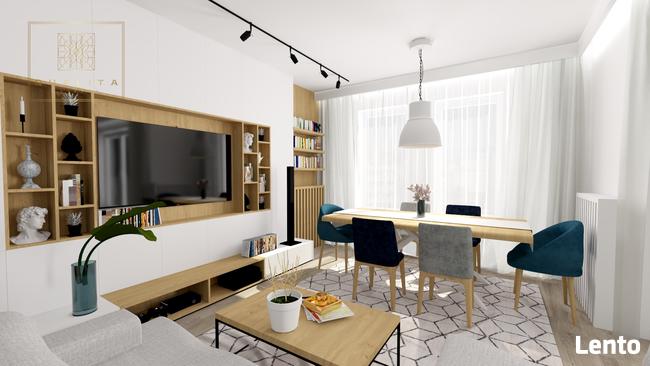 Projekt wnętrza salonu z aneksem i jadalnią 30m2