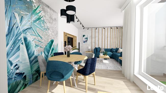 Projekt wnętrza salonu z aneksem i jadalnią 30m2