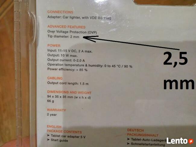 Ładowarka Zasilacz samochodowy do tabletu 2,5mm YARVIK 5V 2A