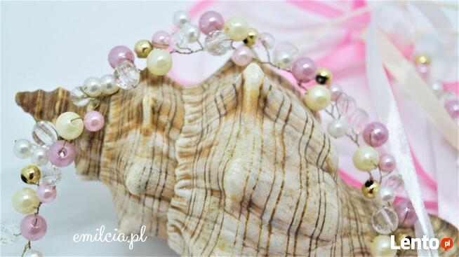 Opaska - Wianek - Gałązka :) Różowe, Ecru Perełki