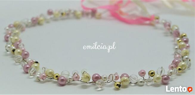 Opaska - Wianek - Gałązka :) Różowe, Ecru Perełki