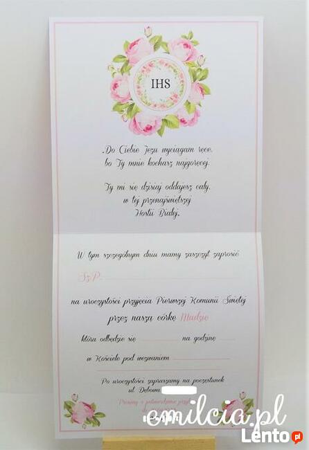 Zaproszenie z okazji I Komunii Św. wykonane na zamówienie