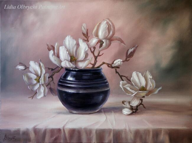 Magnolia, ręcznie malowany obraz olejny, L. Olbrycht