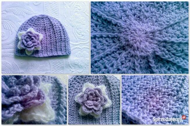Wrzosowa, szydełkowa, wełniana czapeczka