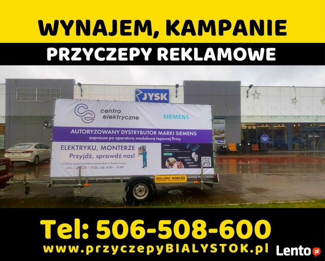 Reklama mobilna przyczepa reklamowa Białystok Podlasie wynaj