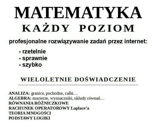 Matematyka, rozwiązywanie zadań przez internet, każdy poziom