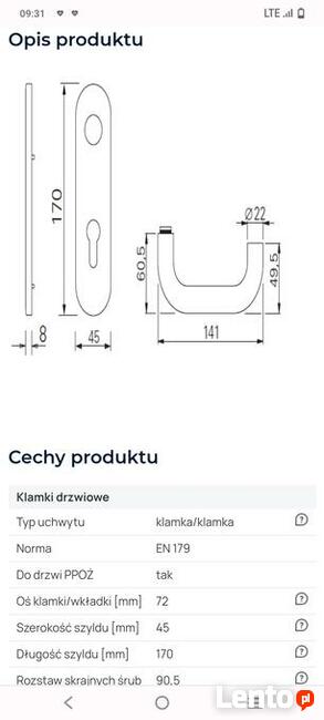 Klamka drzwiowa PPOŻ 72/9 mm stal nierdzewna