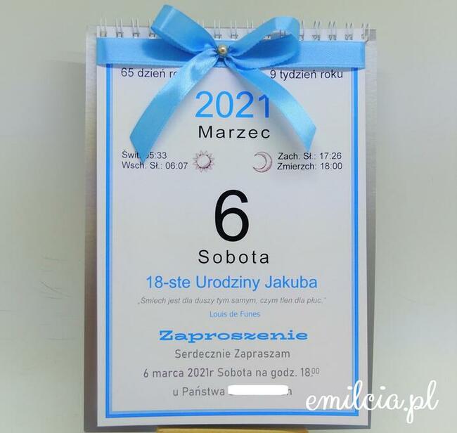 Zaproszenie z okazji 18 urodzin - Kalendarz + Koperta