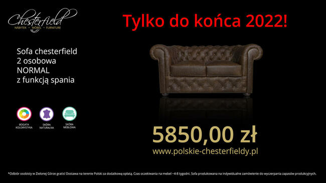 Skórzana SOFA CHESTERFIELD NORMAL 2 OS. z funkcją spania