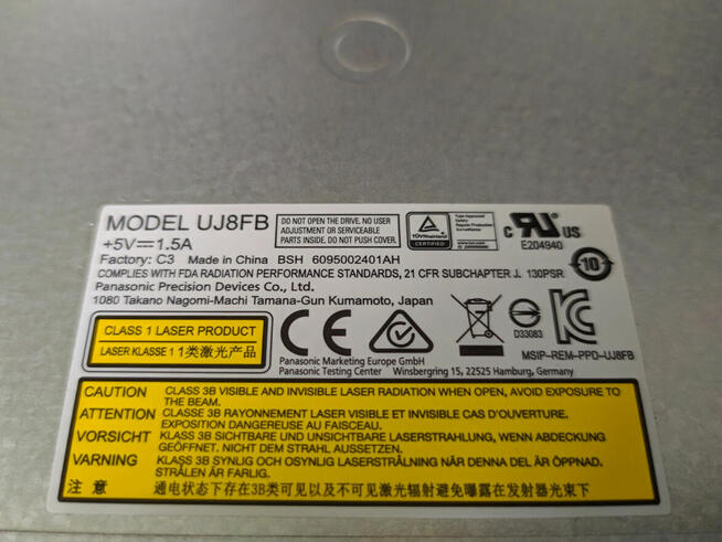 Napęd, nagrywarka CD DVD Panasonic UJ8FB slim 9mm do laptopa