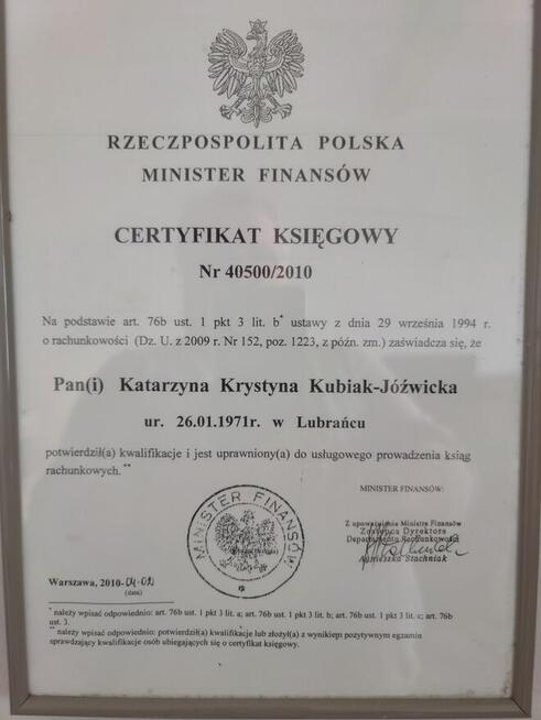 USŁUGI KSIĘGOWE / BIURO KSIĘGOWE KJ KOŁOBRZEG /CERTYFIKAT MF