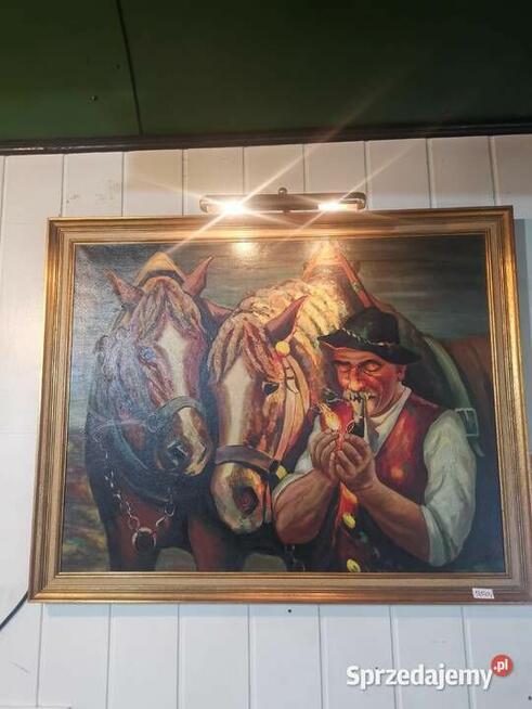 Piękny obraz na płótnie człowiek z fajka i konie